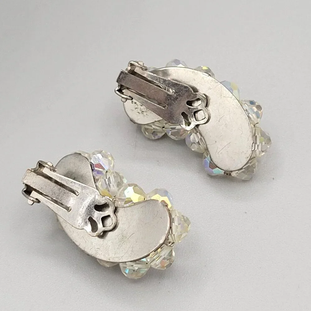 Vintage AB Aurora Borealis Crystal Curved Clip On Earrings 1940s - Picture 5 of 6